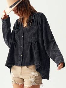 Bohemela Women's Casual Solid Color Woven Turn-Down Collar Open Front Short Sleeve Loose Long Shirt - Black - View 4