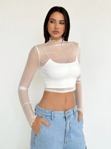 SHEIN Tall 長袖網紗透視短版性感上衣，適合高個女性 - 白色 - 查看 6