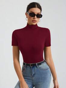 SHEIN Tall Áo thun cổ lọ tay ngắn màu đen cơ bản trơn dành cho nữ - Màu Đỏ Sâu - Xem 3