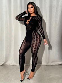 BamGleam Bộ jumpsuit dài tay ôm dáng, màu trơn, chất liệu ren, khoét lỗ, gợi cảm dành cho nữ, thích hợp cho các bữa tiệc năm mới, câu lạc bộ hoặc các dịp lễ hội. - màu đen - Xem 4