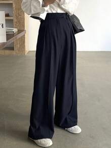 DAZY 女士纯色直筒褶裥长裤，夏季休闲办公裤，女士正装裤商务休闲装 - 藏蓝色 - 查看 4