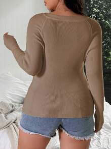 Flirla 大码V领纯色长袖套头毛衣，休闲日常针织套头衫，秋冬季 - 駝色 - 查看 2