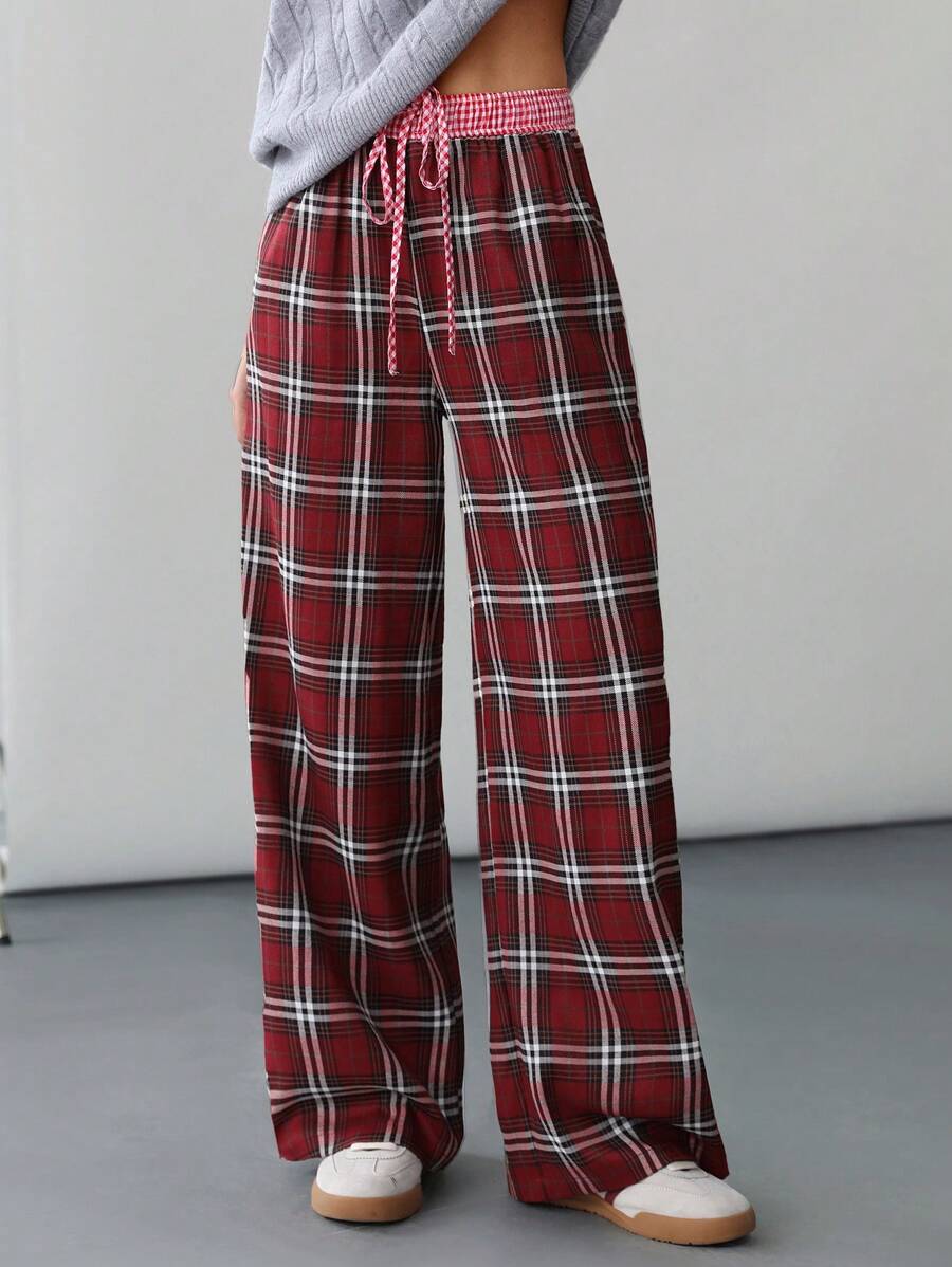 SHEIN Unity Valentinstag Frühling Klassisch Karomuster Patchwork Taillenbund Lässig Hose - Verschiedenfarbig - Übersicht 1
