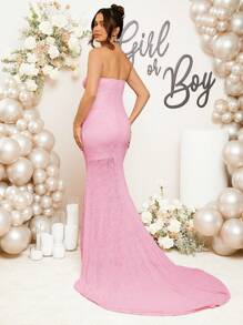 Loomaby Pregnant Women Plain Pleated Elegant Strapless Dress, For Baby Shower Party