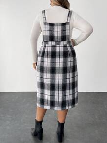 SHEIN CURVE+ Plus Size Women's Casual Checkered Button Front Shoulder Strap Dress, Autumn