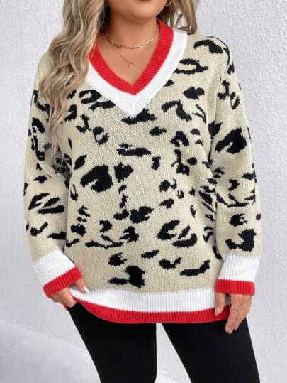 SHEIN CURVE+ 大码 V 领拼色休闲长袖套头衫