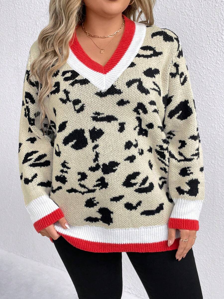 SHEIN CURVE+ 大码V领豹纹撞色长袖套头毛衣针织衫秋冬款 - 彩色 - 查看 1
