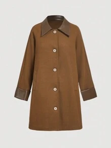 SHEIN MOD 女士纯色前开扣长袖休闲外套冬季女士外套保暖冬装 - 棕色 - 查看 1