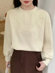 DAZY Felpa ampia da donna con collo tondo e bordo in pizzo, abbigliamento autunnale da donna - Albicocca - Visualizzare 1