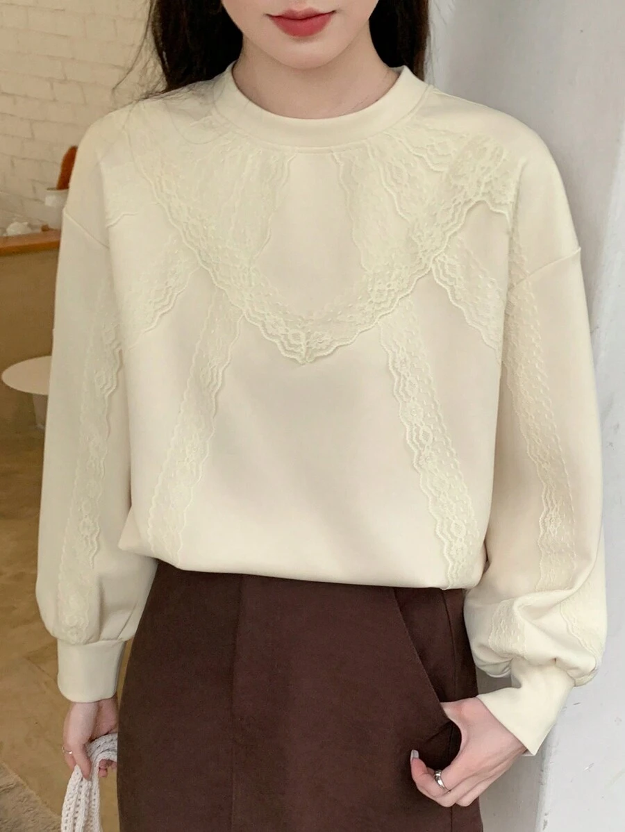 DAZY Felpa ampia da donna con collo tondo e bordo in pizzo, abbigliamento autunnale da donna - Albicocca - Visualizzare 1