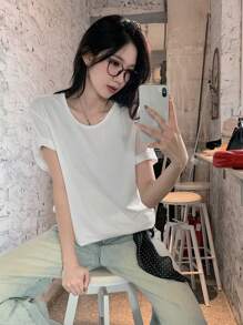 DAZY Women's Solid Color Crew Neck Loose Short Sleeve Casual T-Shirt - White - View 1