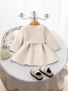 SHEIN Elladie kids 2 件套女婴婴儿优雅宫廷风格厚粗花呢面料蕾丝边蝴蝶结开衫夹克和无袖连衣裙套装，适合节日、圣诞节、新年、生日 - 杏色 - 查看 2