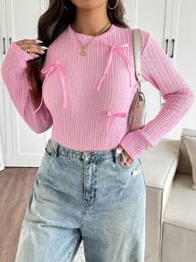 SHEIN Frenchy Plus Size Casual Elegant Bow Detail Crew Neck Pullover T-Shirt
