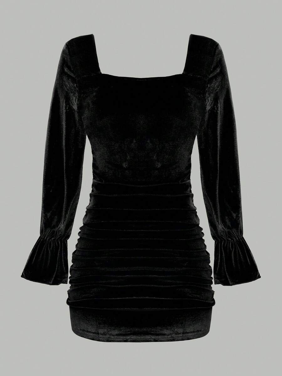 Teen Girl Solid Color Ruffle Bell Sleeve Square Neck Velvet Dress - Black - View 1