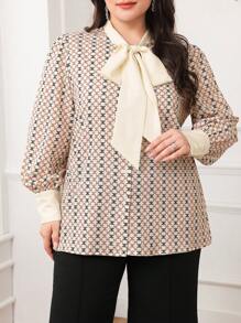 Modelyn Áo cánh tay dài cổ buộc in họa tiết Elegance cỡ lớn cho nữ, mùa thu - Nhiều màu - Xem 1