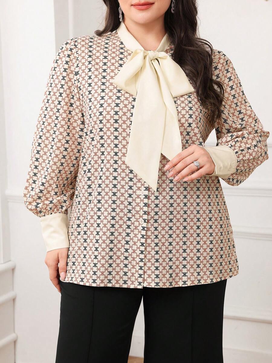 Modelyn Áo cánh tay dài cổ buộc in họa tiết Elegance cỡ lớn cho nữ, mùa thu - Nhiều màu - Xem 1