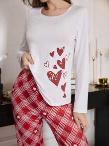 Conjunto de pijama para mujer con estampado de cuadros de corazón de manga larga y pantalones para el Día de San Valentín