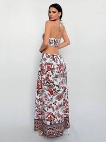 SHEIN Tall 夏季海滩花卉印花露背侧开叉高腿镂空腰部连衣裙 - 彩色 - 查看 2