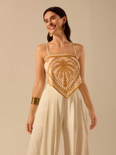 CAJUNI Top tipo camisola para mujer, estilo bohemio tropical con estampado de árbol de coco amarillo, cuello en V y cordones en la espalda, top informal de verano para playa y resort