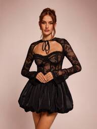 SHEIN BAE Letnie ubrania, Jesienna sukienka wewnętrzna, Czarna koronkowa sukienka z gorsetem, Styl na przerwę na herbatę, Styl dworski, Odpowiednie na randkę, popołudniową herbatę, imprezę, odzież podróżną, Bluzka z długim rękawem, Sukienka damska, Sukienka bąbelkowa, Sukienka z latarnią, Sukienka bud