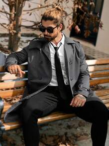 Manfinity CasualCool Men's Solid Color Double-Breasted Pocket Long Sleeve Trench Coat,Fall Men Clothes,Blue Trench Coat,Gifts For Boyfriend