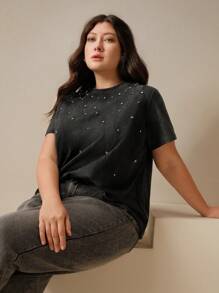 Anewsta Plus Size Women's Modern Short Rhinestone Decor Distressed Short Sleeve T-Shirt