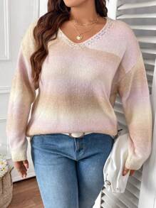 EMERY ROSE Plus Size Women Embellished Gradient Color Sweater, Fashion Loose V-Neck Casual Wear Knitted Top, Autumn/Winter - Khaki - View 5
