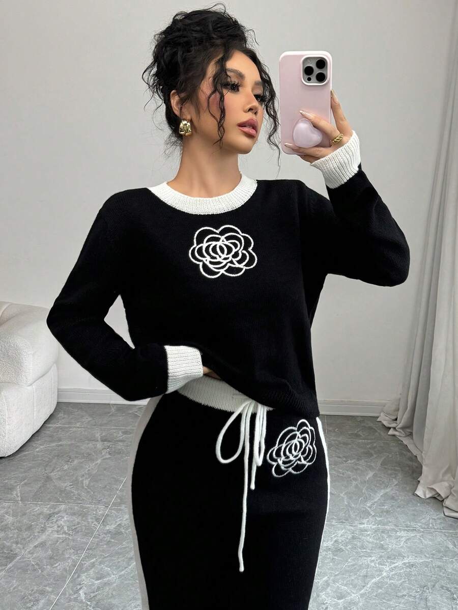 Elenzga Damski sweter w jednolitym kolorze z patchworkowym wzorem i okrągłym dekoltem i długim rękawem