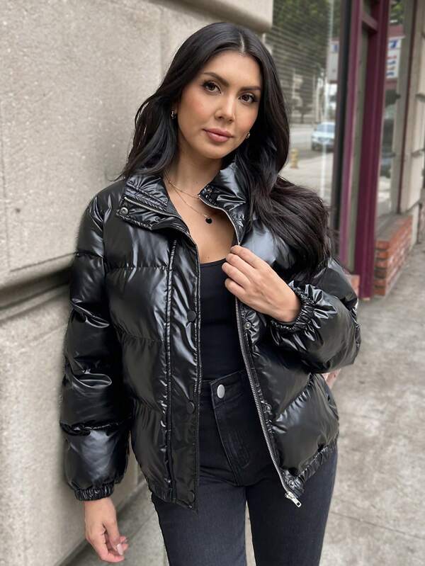 SHEIN LUNE Abrigo acolchado casual y cómodo con textura de piel sintética reflectante para mujer, otoño/invierno