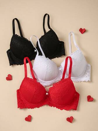 3pcs/Set Valentine's Day Lace Underwire Bra Set For Women