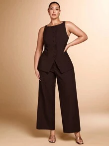 SHEIN BAE 加大码两件套优雅日常通勤船领无袖背心和阔腿裤感恩节装 - 咖啡棕 - 查看 5