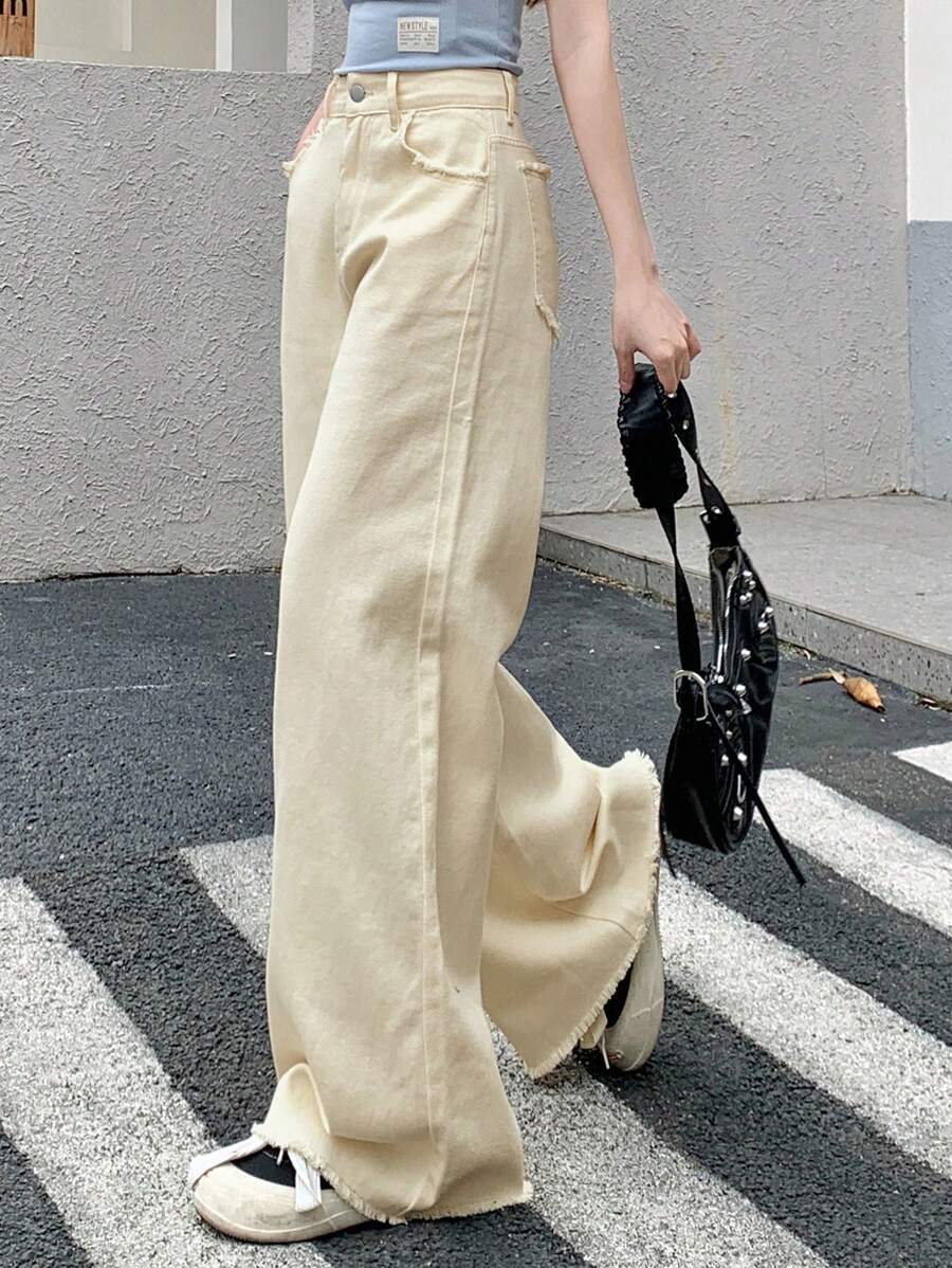 DAZY Quần jean ống rộng màu trơn có túi và viền thô, quần áo trở lại trường - Màu be - Xem 1