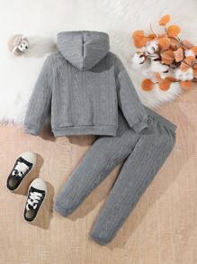SHEIN Set de 2 piezas de chaqueta de punto de jacquard y pantalones casuales para niña, para primavera/otoño
