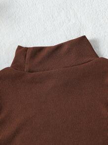2pcs Girls Stand Collar Solid Color Ribbed Knit Top + Fashionable Versatile Casual Stand Collar Long Sleeve T-Shirt, Autumn/Winter