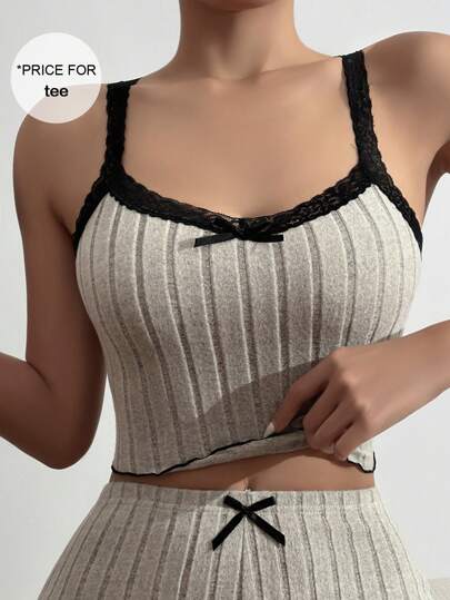 ZzzCrew Women Splicing Lace Bow Detail Decorated Cami Top Pajamas Holiday Season