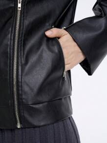 SHEIN LUNE 1 件女式常规拉链仿皮黑色夹克 - 黑色 - 查看 3