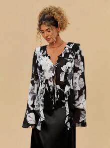 SHEIN VCAY 1pc Women Plus Size Tie Front Long Sleeve Printed Casual Blouse, Daily Wear Valentine's Day Outfits Romantic - Multicolor - View 4