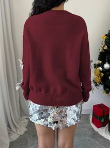 Chiquease 女士圆领长袖休闲毛衣上衣，饰有蝴蝶结，圣诞针织套头衫，秋冬季 - 酒紅色 - 查看 2