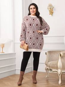 Mulvari Plus Size Women Casual Batwing Loose Pullover Sweater With Geometric Pattern - Multicolor - View 3