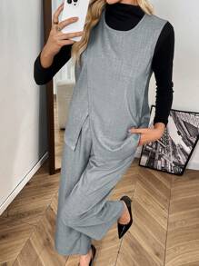 Calvaya Conjunto de 2 piezas de top sin mangas asimétrico con cuello redondo y pantalones de pierna ancha de talle alto, casual y de moda, versátil para otoño e invierno