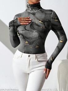 SHEIN Essnce 1 件女士大理石印花高领长袖修身紧身衣 - 黑色 - 查看 7