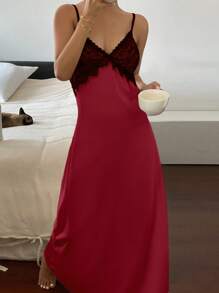 DAZY Lace Patchwork Satin Cami Backless Nightgown Red Dress Pajama - Burgundy - View 2