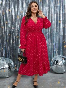 SHEIN Clasi 大码女式编织蝴蝶金箔印花连衣裙，秋季 - 紅色 - 查看 1