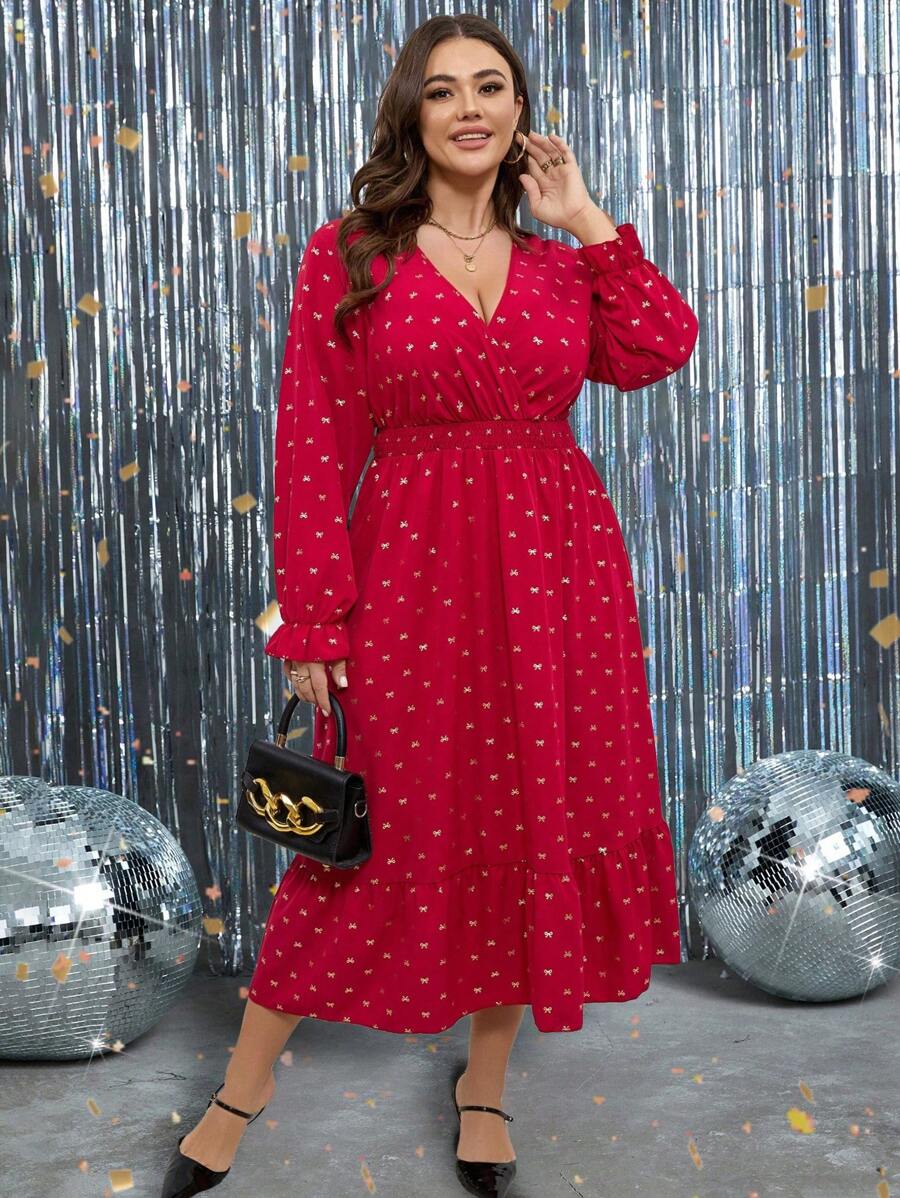 SHEIN Clasi 大码女式编织蝴蝶金箔印花连衣裙，秋季 - 紅色 - 查看 1