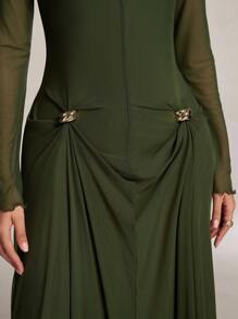 Modelyn Long Sleeve Ruffled Mesh Contrast Maxi Arabic Style Dress Long Evening Dresses - Army Green - View 3