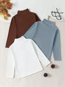 2pcs Girls Stand Collar Solid Color Ribbed Knit Top + Fashionable Versatile Casual Stand Collar Long Sleeve T-Shirt, Autumn/Winter