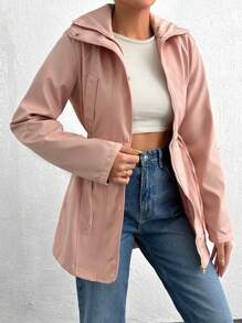 RueChic Roll Tab Sleeve Drawstring Waist Hooded Coat - Pink - View 3