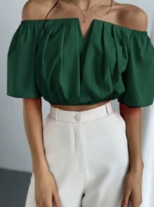 Aloruh Women's Solid Color Pleated Loose Off-Shoulder Cinched Waist Blouse Top