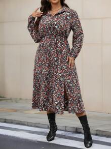 SHEIN LUNE Plus Size Black Autumn Boho Everyday Long Sleeve Shirt Dress,Cinched Waist Flattering Fit Dresses For Women,Thanksgiving New Years Rave Outfit Winter - Multicolor - View 2