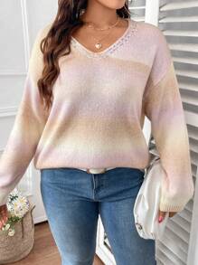 EMERY ROSE Plus Size Women Embellished Gradient Color Sweater, Fashion Loose V-Neck Casual Wear Knitted Top, Autumn/Winter - Khaki - View 6